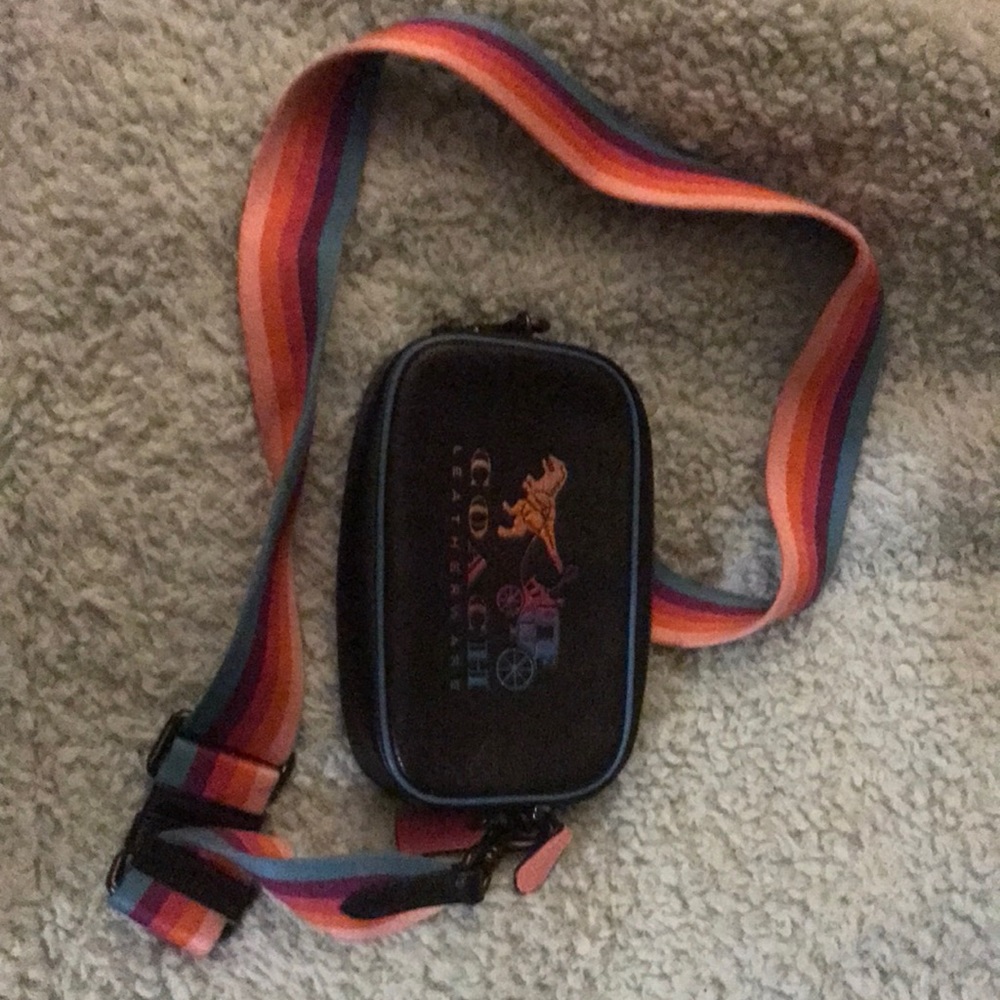 Coach rexy camera bag! Black leather with rainbow accents! Crossbody